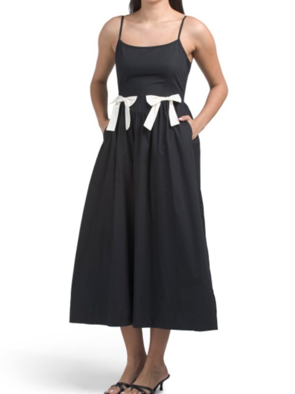 Moon River Black Spaghetti Strap Midi Dress with White Bow Accents - Picture 1 of 2